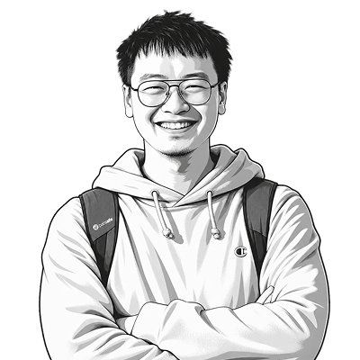 赵锦江微笑、双臂交叉的黑白插画头像